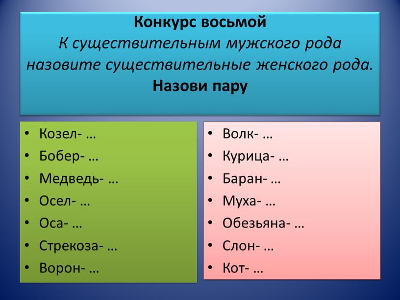 Конкурс восьмой К существительным мужского рода назовите существительные женского рода