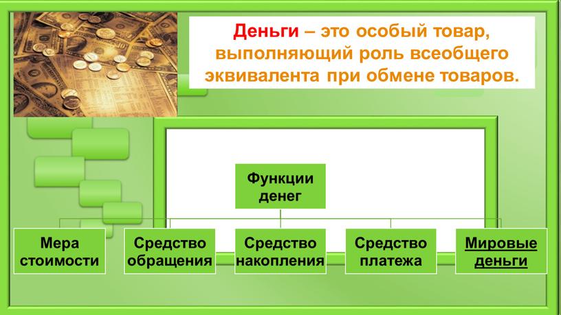 Деньги – это особый товар, выполняющий роль всеобщего эквивалента при обмене товаров