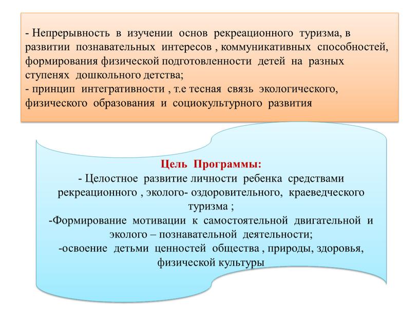 Непрерывность в изучении основ рекреационного туризма, в развитии познавательных интересов , коммуникативных способностей, формирования физической подготовленности детей на разных ступенях дошкольного детства; - принцип интегративности…