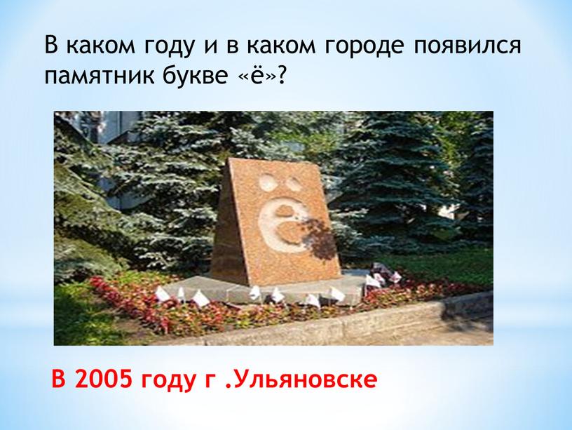 В каком году и в каком городе появился памятник букве «ё»?