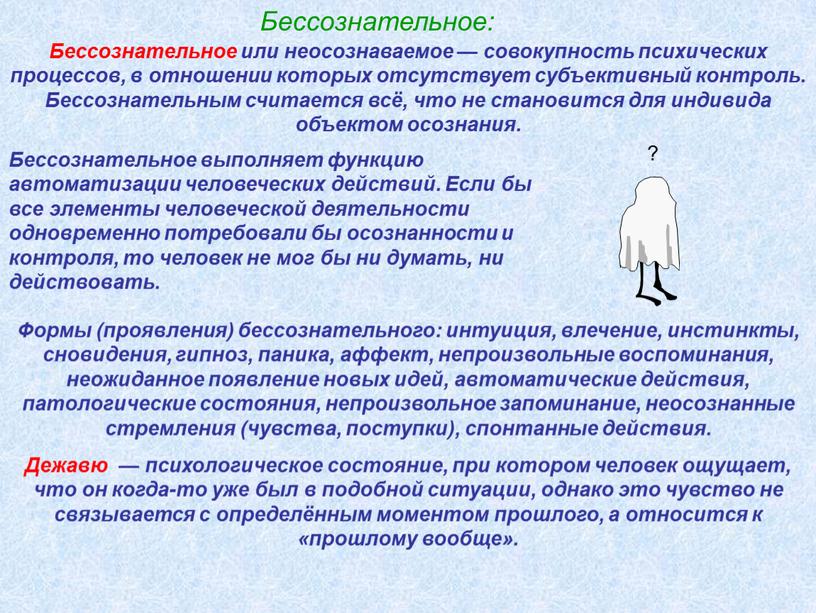 Бессознательное: Бессознательное или неосознаваемое — совокупность психических процессов, в отношении которых отсутствует субъективный контроль