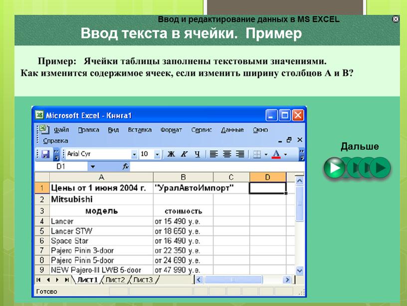 Презентация ввод и редактирование данных в электронных таблицах