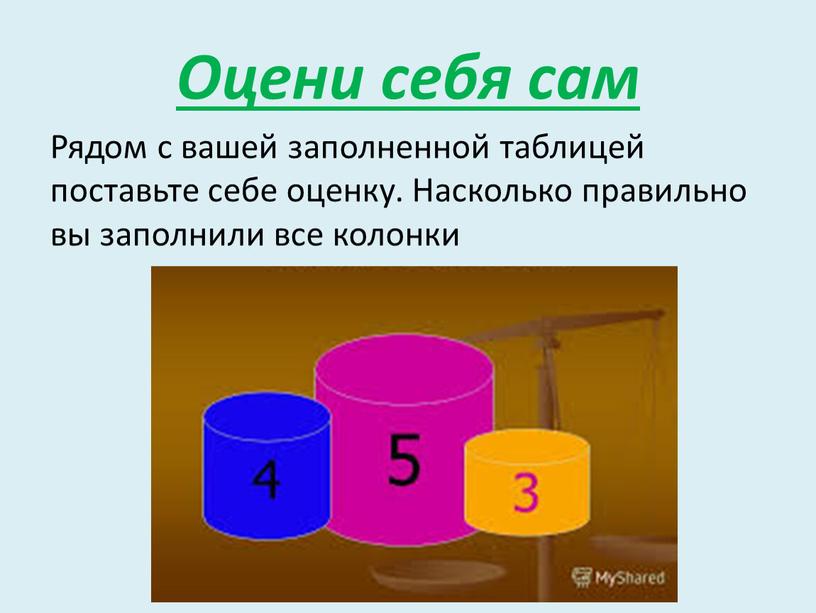 Оцени себя сам Рядом с вашей заполненной таблицей поставьте себе оценку