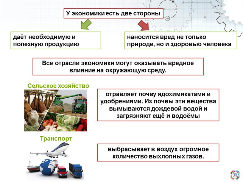 У экономики есть две стороны даёт необходимую и полезную продукцию наносится вред не только природе, но и здоровью человека