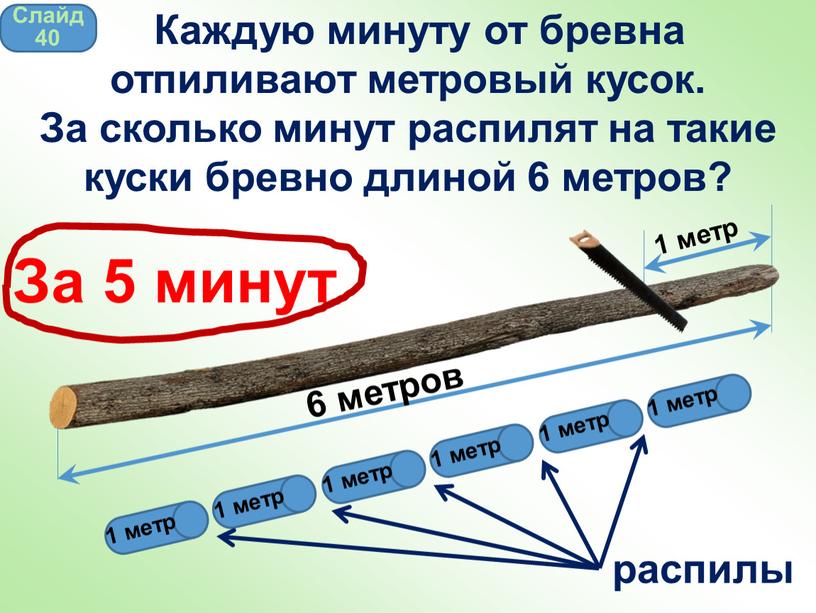 За 5 минут распилы 1 метр 1 метр 1 метр 1 метр 1 метр 1 метр