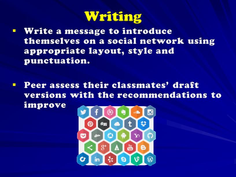 Writing Write a message to introduce themselves on a social network using appropriate layout, style and punctuation