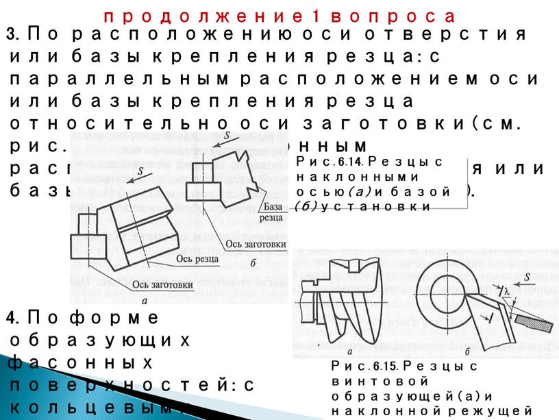 По расположению оси отверстия или базы крепления резца: с параллельным расположением оси или базы крепления резца относительно оси заготовки (см