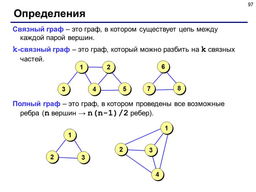 Определения Связный граф – это граф, в котором существует цепь между каждой парой вершин