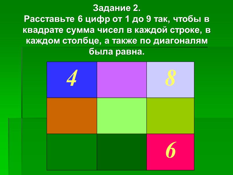 Задание 2. Расставьте 6 цифр от 1 до 9 так, чтобы в квадрате сумма чисел в каждой строке, в каждом столбце, а также по диагоналям…