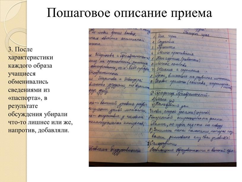 Пошаговое описание приема 3. После характеристики каждого образа учащиеся обменивались сведениями из «паспорта», в результате обсуждения убирали что-то лишнее или же, напротив, добавляли