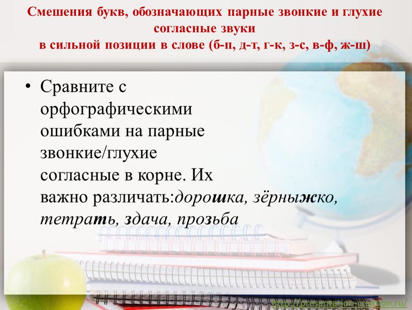 Смешения букв, обозначающих парные звонкие и глухие согласные звуки в сильной позиции в слове (б-п, д-т, г-к, з-с, в-ф, ж-ш)