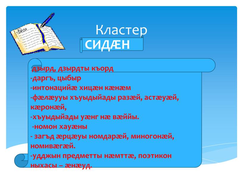 Кластер СИДÆН - дзырд, дзырдты къорд -даргъ, цыбыр -интонацийæ хицæн кæнæм -фæлæууы хъуыдыйады разæй, астæуæй, кæронæй, -хъуыдыйады уæнг нæ вæййы