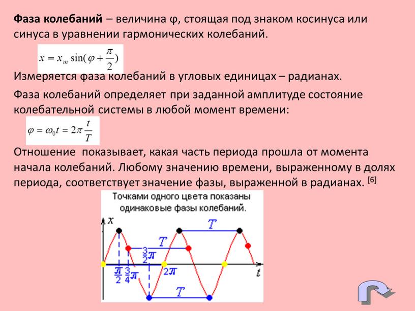 Фаза колебаний – величина ϕ, стоящая под знаком косинуса или синуса в уравнении гармонических колебаний