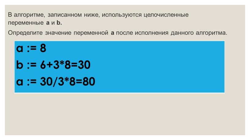 В алгоритме, записанном ниже, используются целочисленные переменные a и b