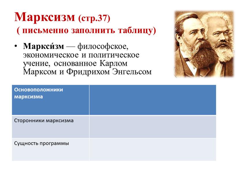 Марксизм (стр.37) ( письменно заполнить таблицу)