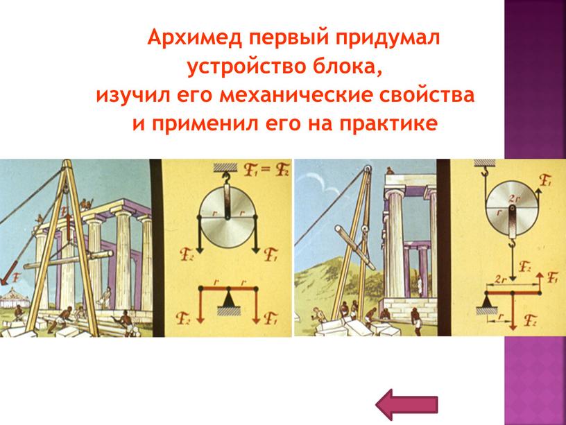 Архимед первый придумал устройство блока, изучил его механические свойства и применил его на практике