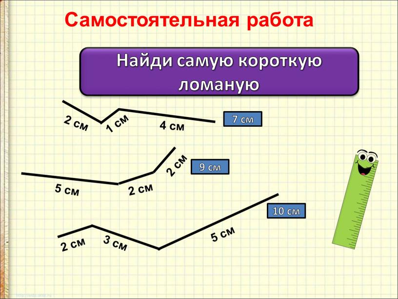 Найди самую короткую ломаную 2 см 1 см 4 см 5 см 2 см 2 см 2 см 3 см 5 см 7 см 9…