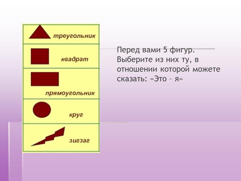 Перед вами 5 фигур. Выберите из них ту, в отношении которой можете сказать: «Это – я»