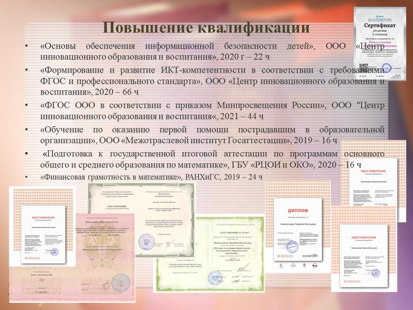 Повышение квалификации «Основы обеспечения информационной безопасности детей»,