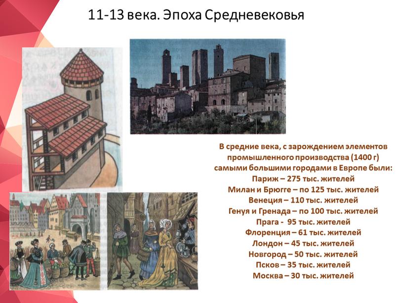 Эпоха Средневековья В средние века, с зарождением элементов промышленного производства (1400 г) самыми большими городами в