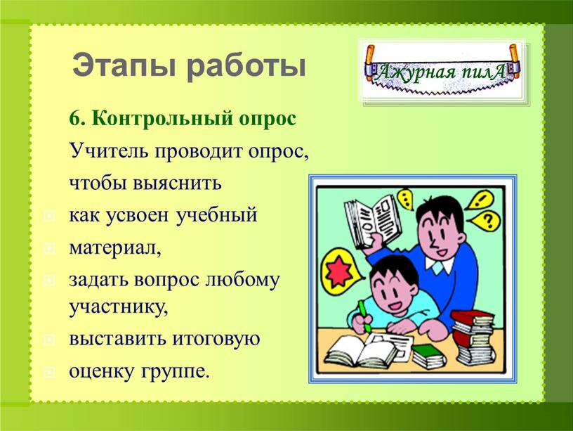 Контрольный опрос Учитель проводит опрос, чтобы выяснить как усвоен учебный материал, задать вопрос любому участнику, выставить итоговую оценку группе