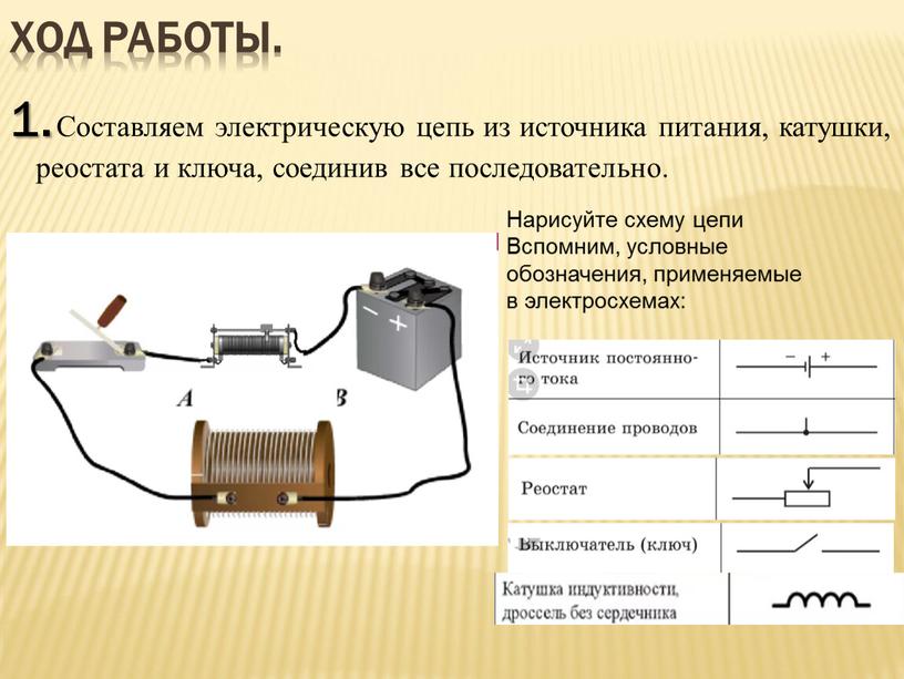 Ход работы. 1. Составляем электрическую цепь из источника питания, катушки, реостата и ключа, соединив все последовательно