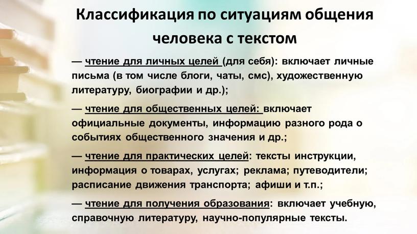 Классификация по ситуациям общения человека с текстом — чтение для личных целей (для себя): включает личные письма (в том числе блоги, чаты, смс), художественную литературу,…