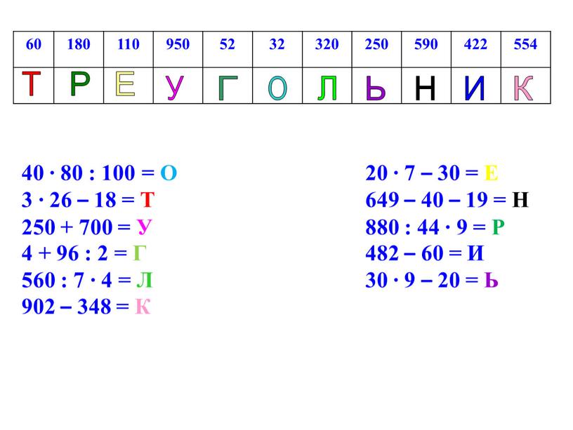 О 20 ∙ 7 – 30 = Е 3 ∙ 26 – 18 =