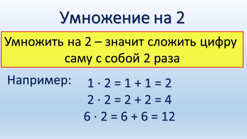 Умножение на 2 Умножить на 2 – значит сложить цифру саму с собой 2 раза 1 ∙ 2 = 1 + 1 = 2 2…