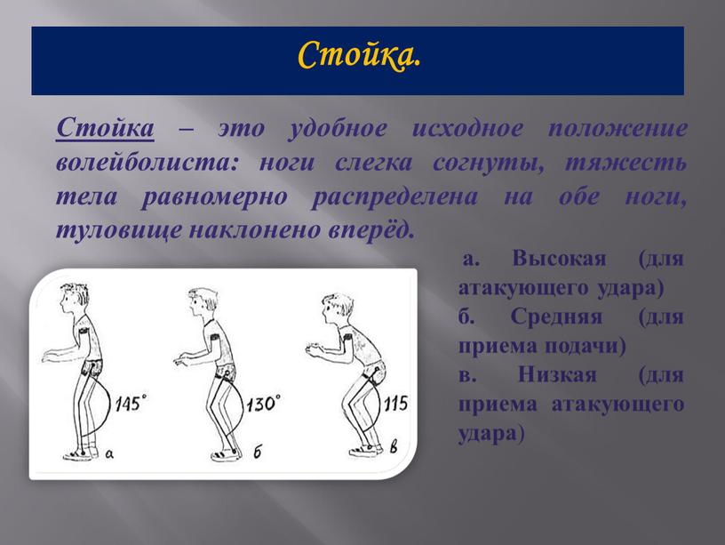 Стойка – это удобное исходное положение волейболиста: ноги слегка согнуты, тяжесть тела равномерно распределена на обе ноги, туловище наклонено вперёд