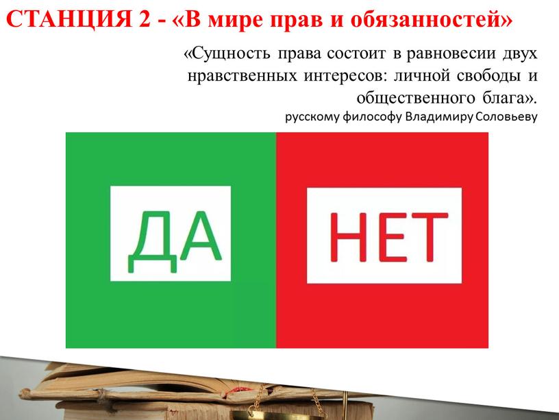 СТАНЦИЯ 2 - «В мире прав и обязанностей» «Сущность права состоит в равновесии двух нравственных интересов: личной свободы и общественного блага»