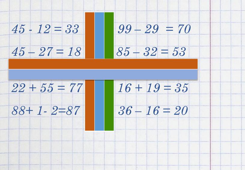 45 - 12 = 33 99 – 29 = 70 45 – 27 = 18 85 – 32 = 53 22 + 55 = 77…