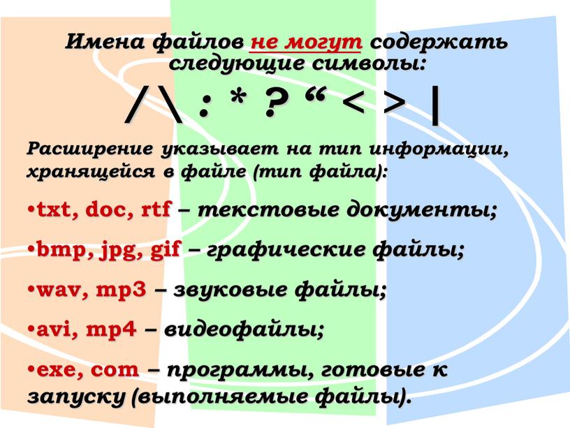 Имена файлов не могут содержать следующие символы: / \ : * ? “ < > |