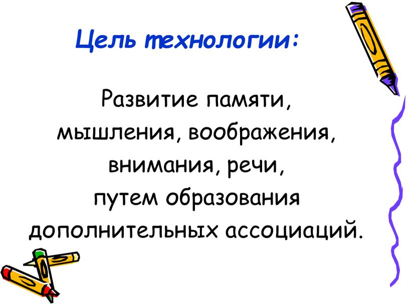 Цель технологии: Развитие памяти, мышления, воображения, внимания, речи, путем образования дополнительных ассоциаций