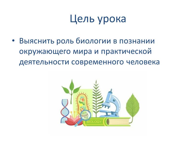 Цель урока Выяснить роль биологии в познании окружающего мира и практической деятельности современного человека