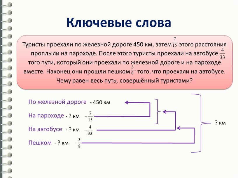 Ключевые слова Туристы проехали по железной дороге 450 км, затем этого расстояния проплыли на пароходе