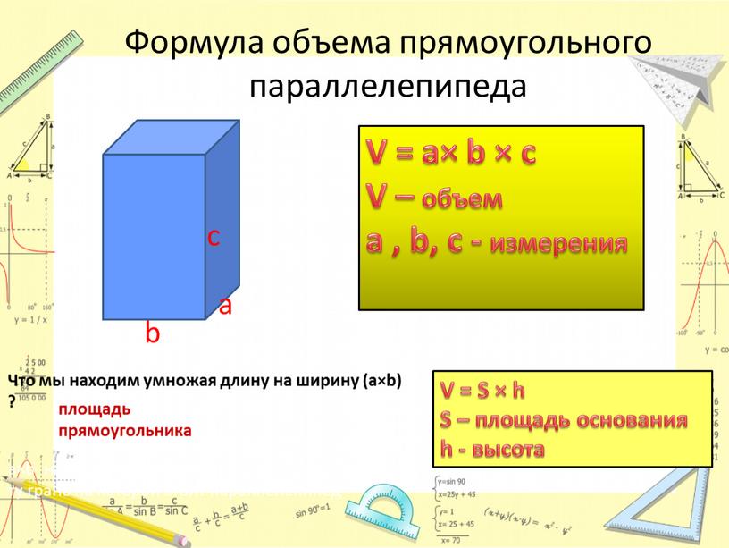 Формула объема прямоугольного параллелепипеда аааааа с b а