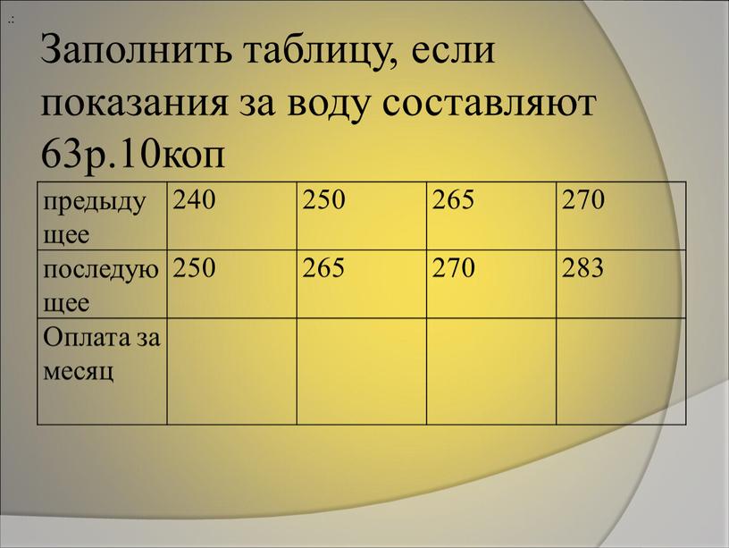 Заполнить таблицу, если показания за воду составляют 63р