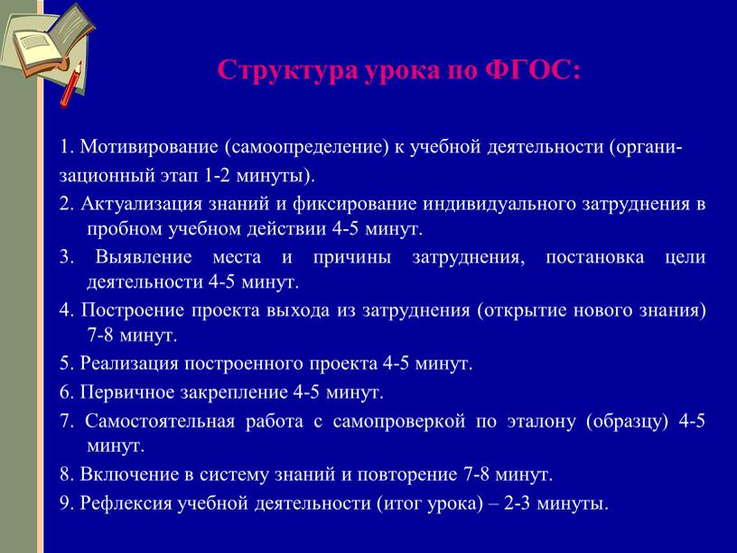 Структура урока по ФГОС: 1. Мотивирование (самоопределение) к учебной деятельности (органи- зационный этап 1-2 минуты)