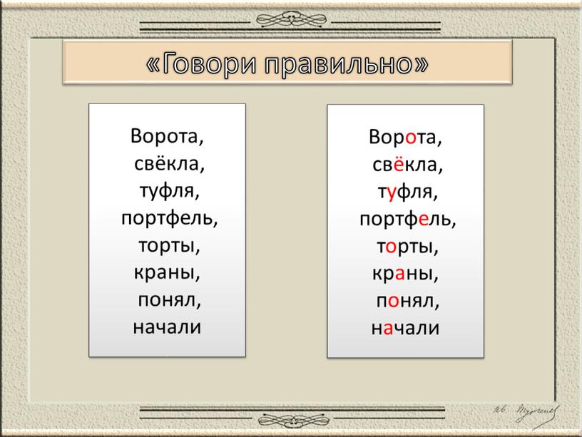 Говори правильно» Ворота, свёкла, туфля, портфель, торты, краны, понял, начали