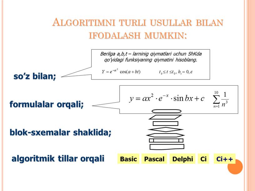 Algoritimni turli usullar bilan ifodalash mumkin: so’z bilan; formulalar orqali; blok-sxemalar shaklida; algoritmik tillar orqali