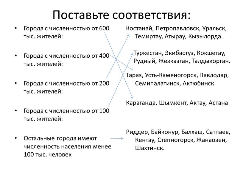 Поставьте соответствия: Города с численностью от 600 тыс