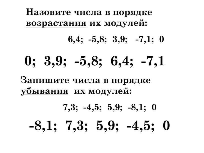 Назовите числа в порядке возрастания их модулей: 6,4; -5,8; 3,9; -7,1; 0 0; 3,9; -5,8; 6,4; -7,1