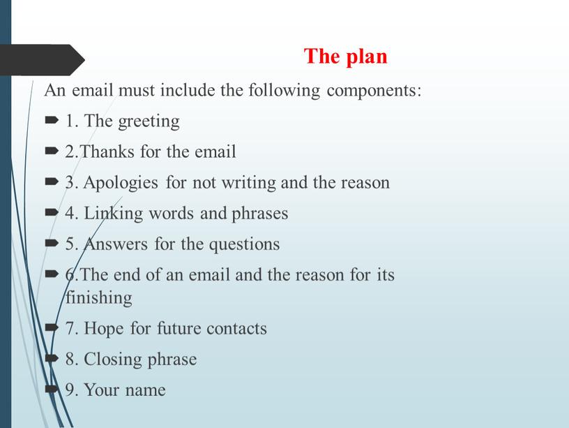 The plan An email must include the following components: 1