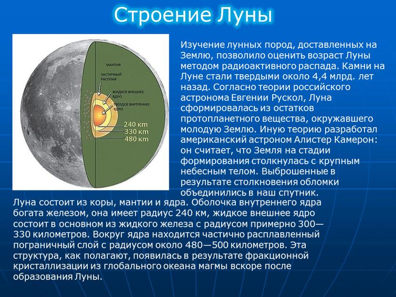 Строение Луны Изучение лунных пород, доставленных на