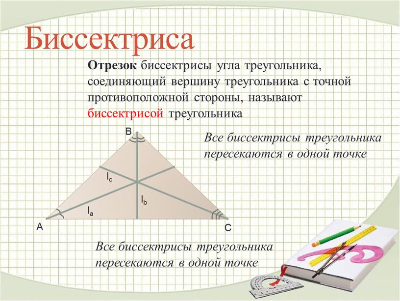 Биссектриса Отрезок биссектрисы угла треугольника, соединяющий вершину треугольника с точной противоположной стороны, называют биссектрисой треугольника