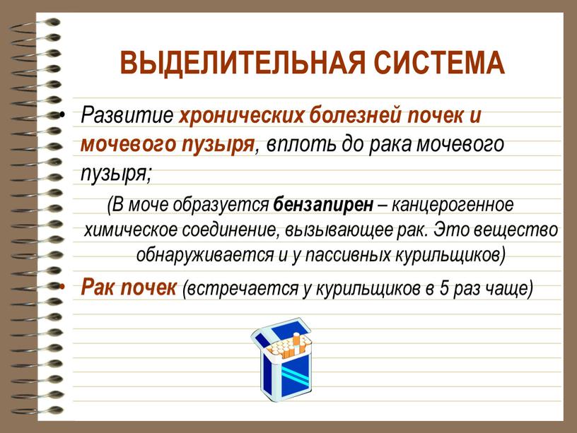 ВЫДЕЛИТЕЛЬНАЯ СИСТЕМА Развитие хронических болезней почек и мочевого пузыря , вплоть до рака мочевого пузыря; (В моче образуется бензапирен – канцерогенное химическое соединение, вызывающее рак