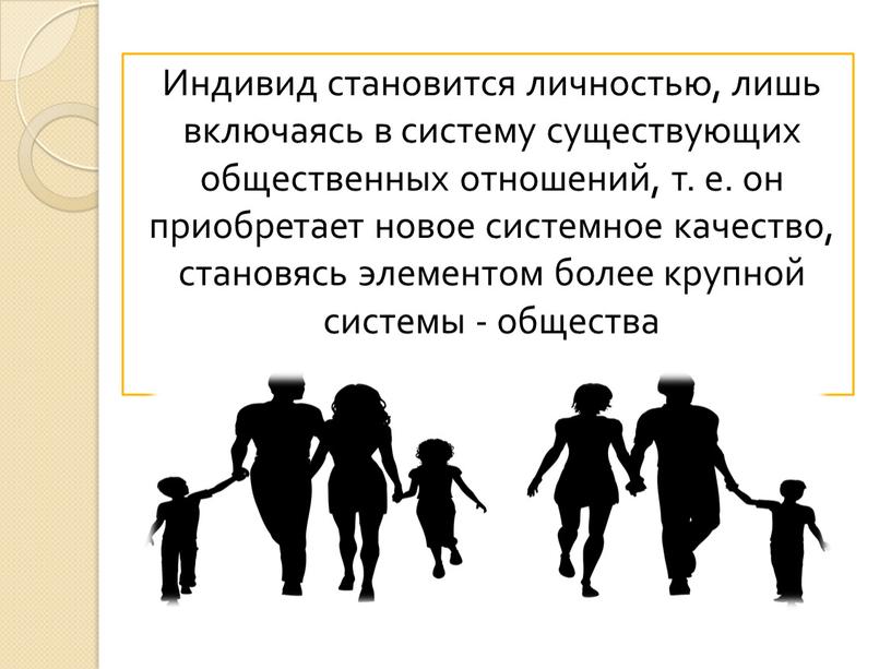 Индивид становится личностью, лишь включаясь в систему существующих общественных отношений, т