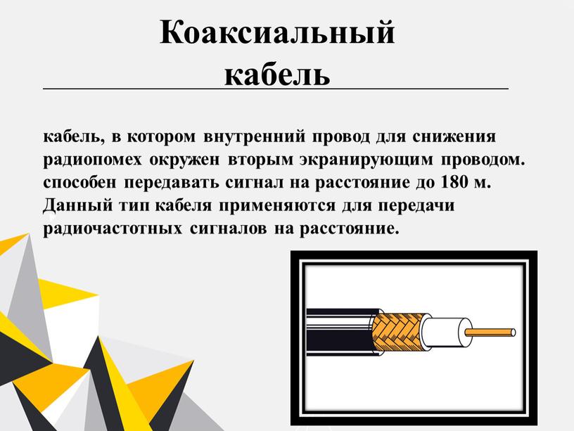 Коаксиальный кабель кабель, в котором внутренний провод для снижения радиопомех окружен вторым экранирующим проводом