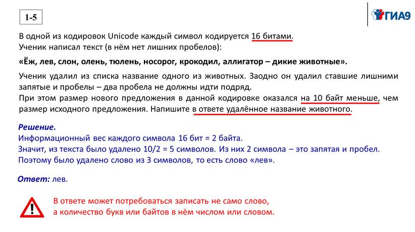 В одной из кодировок Unicode каждый символ кодируется 16 битами